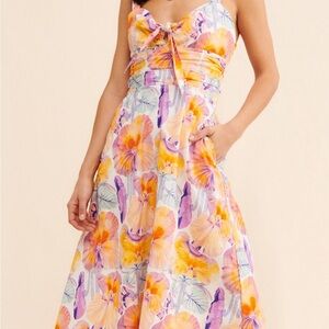 Anthropologie Pansy-Print Tie-Front Midi Dress in Yellow and Purple